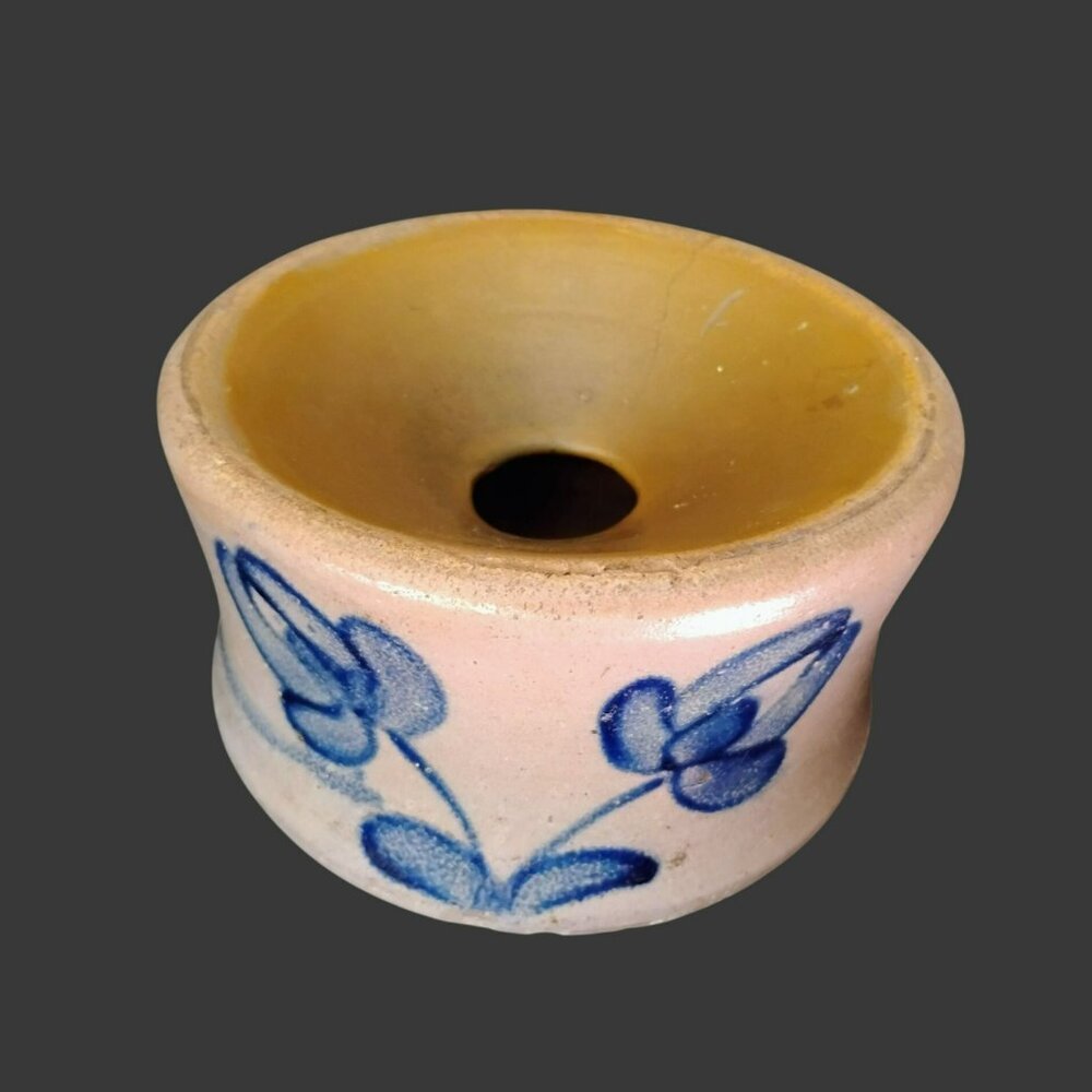 Antique Salt-Glazed Stoneware Spitoon with Cobalt Blue Floral Design 6.5" CRACK